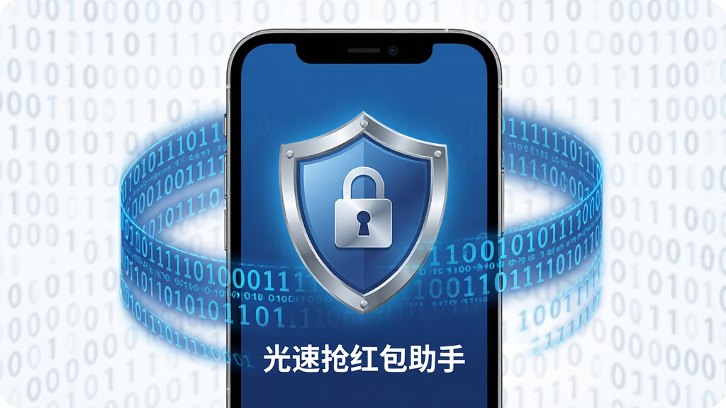 一张展示光速抢红包助手隐私安全保障功能的AI生图,画面中一部手机屏幕显示盾牌图标和