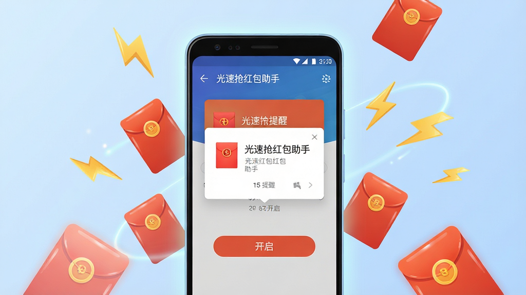 一张展示光速抢红包助手核心全貌的场景图,画面中央是一部安卓手机,手机屏幕上清晰显示光速抢红包助手的应用界面,界面中有红包提醒弹窗和开启按钮,手机周围环绕着几个红包图标和闪电符号,背景是柔和的浅蓝色渐变,布局采用居中构图,排版简洁有序,风格为现代科技感扁平插画,细节上手机边框有轻微光效,红包图标带有光泽质感,画质高清,干净,无多余元素