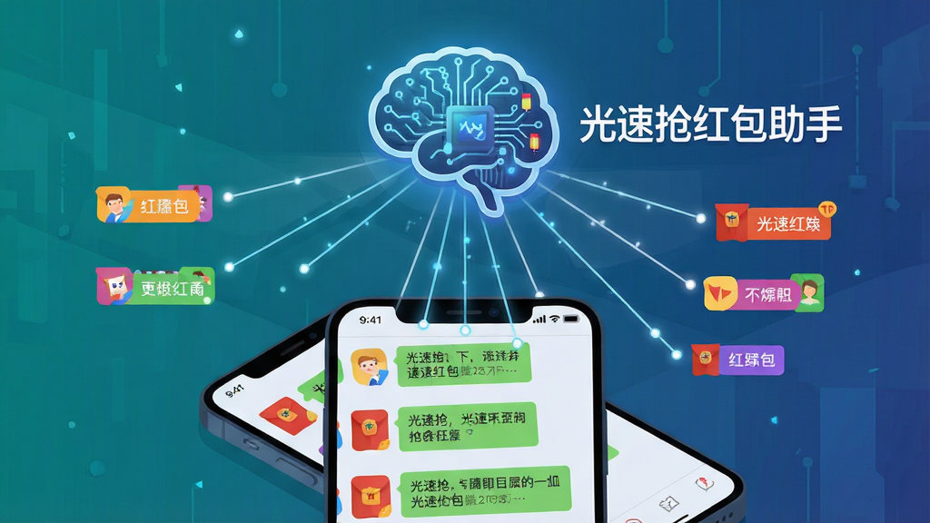 一张展示光速抢红包助手智能场景识别功能的AI生图,画面中一部手机屏幕显示多个群聊图标,手机上方有一个智能大脑图标连接着各个群聊,大脑图标旁标注