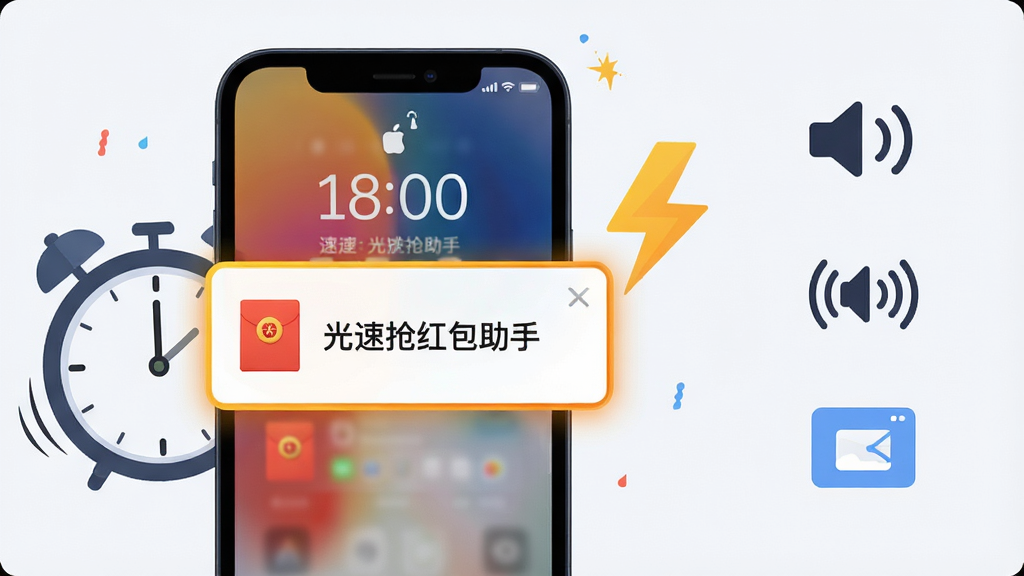 一张展示光速抢红包助手极速提醒功能的AI生图,画面主体是一部手机在锁屏状态下弹出红包提醒通知,通知卡片上有