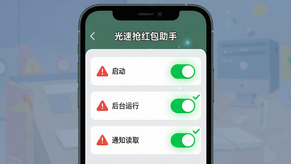 一张展示光速抢红包助手新手设置引导的AI生图,画面中一部手机屏幕显示权限设置界面,界面中有