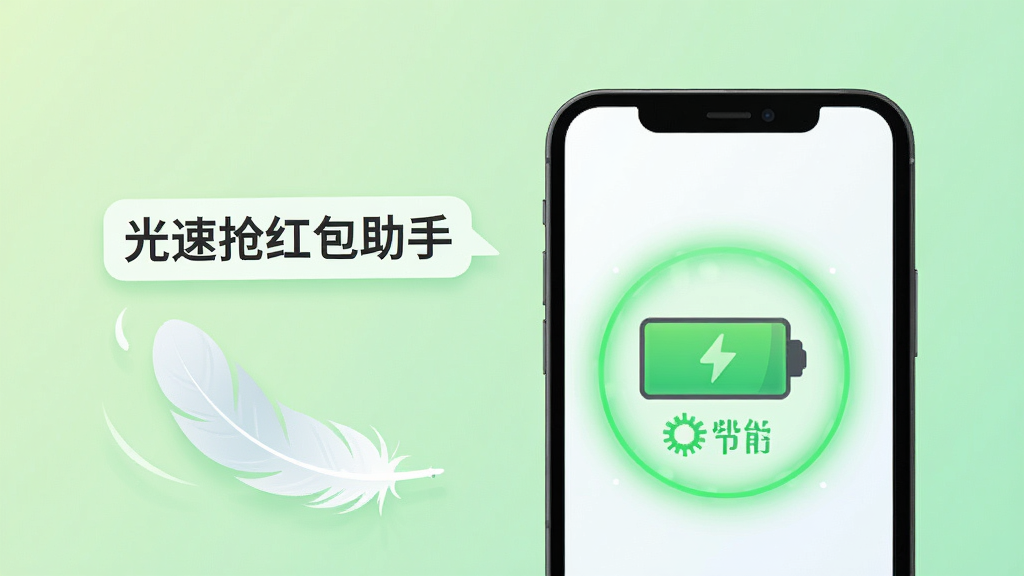 一张展示光速抢红包助手低耗运行优化功能的AI生图,画面中一部手机屏幕显示电池图标和绿色节能标识,手机旁边有一个轻盈的羽毛和