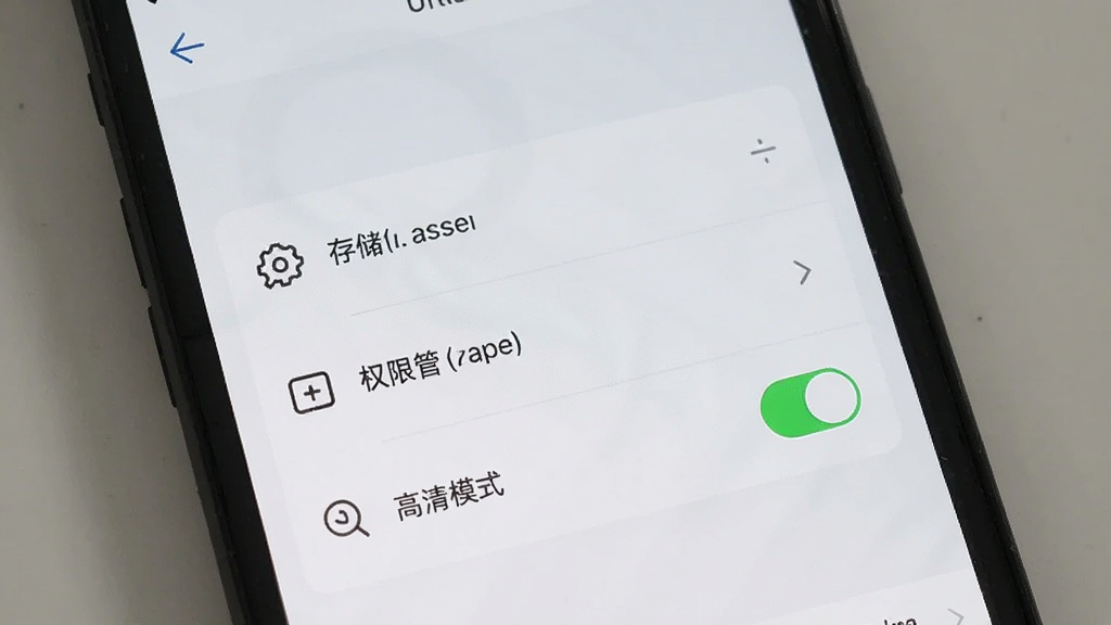 手机屏幕展示极简扫描宝的设置页面,包含存储位置选择、权限管理入口、高清模式开关等选项,界面采用浅色主题,图标简洁,背景干净,画质清晰,风格实用