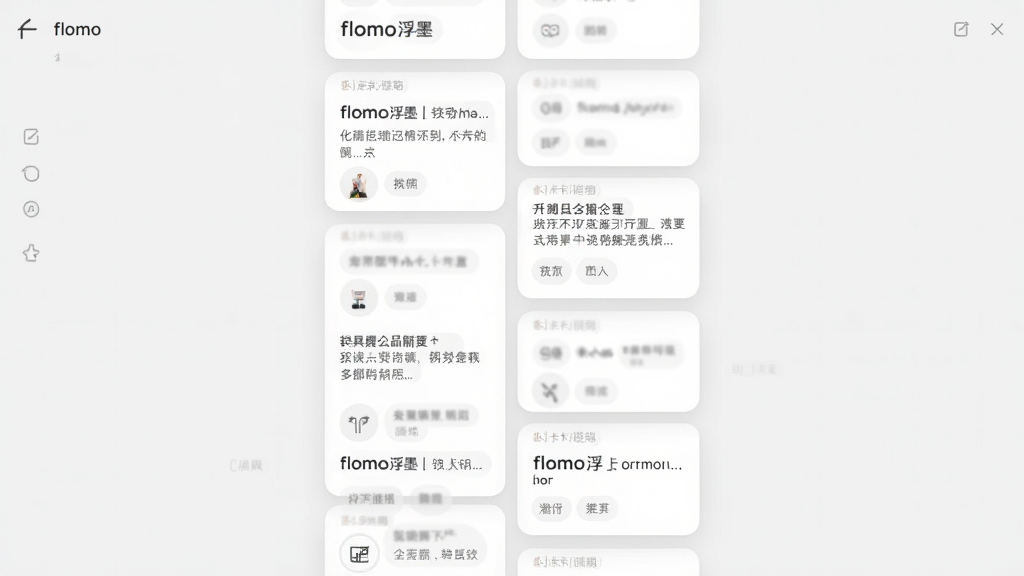 一张展示 flomo浮墨卡片笔记 核心界面的图片,主体为简洁的卡片列表视图,每张卡片包含短文本与标签,布局采用纵向瀑布流排列,排版清爽留白充足,风格现代极简,细节上卡片有柔和阴影与圆角,背景为浅灰色,画质高清,干净,无多余元素