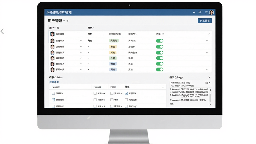 天师建筑资料管理软件多用户权限管理界面图,主体为电脑屏幕上的用户管理面板,布局为上方用户列表、下方权限勾选框,排版为表格式排列,风格为现代企业管理软件风格,细节包括用户头像图标、角色标签、权限开关、操作日志记录,画质清晰干净无多余元素