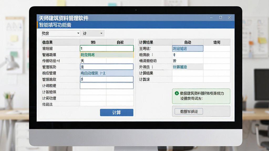 天师建筑资料管理软件智能填写功能界面图,主体为电脑屏幕上的表格填写窗口,布局为上方标题栏、下方数据输入区,排版为左右分栏,左侧为固定信息字段,右侧为自动计算结果,风格为简洁商务软件风格,细节包括高亮显示的自动填充字段、计算按钮、数据验证提示框,画质清晰干净无多余元素
