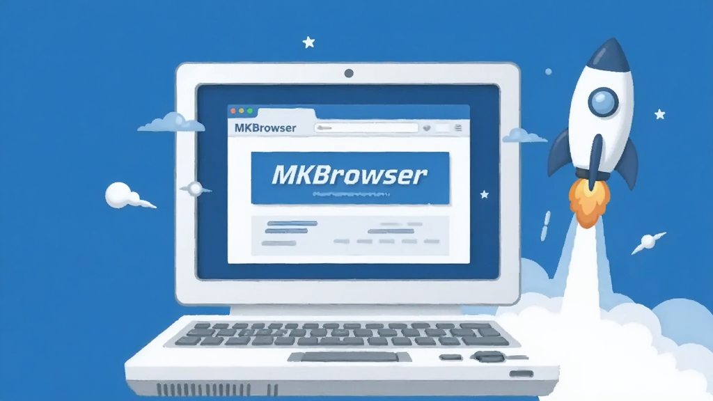 一幅表现MKBrowser浏览器轻量极速特性的插画,画面中一台老式笔记本电脑屏幕上运行着MKBrowser,旁边有火箭升空的视觉元素,整体风格扁平化科技感,蓝白主色调,画面干净整洁,高清画质