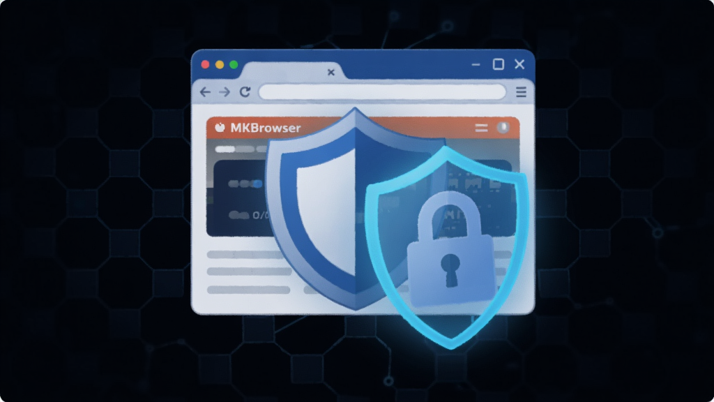 一幅展示MKBrowser浏览器隐私防护功能的示意图,画面中央是一个盾牌图标与浏览器窗口结合,盾牌发出蓝色光芒保护着网页数据,背景是深色科技网格,风格简洁现代,高清画质,无多余元素