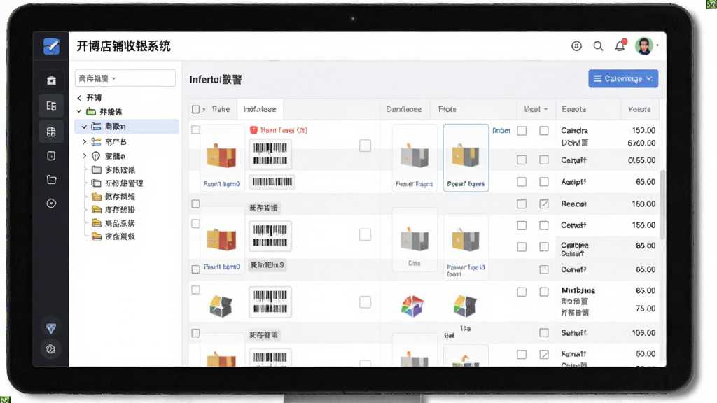 开博店铺收银系统商品与库存管理界面,主体为电脑屏幕上显示的商品列表与库存数量,布局为全屏界面截图风格,排版左侧为分类树右侧为商品表格,风格为清爽数据管理风,细节包含库存预警标识、条形码、分类图标,画面整洁无杂乱元素,高清画质
