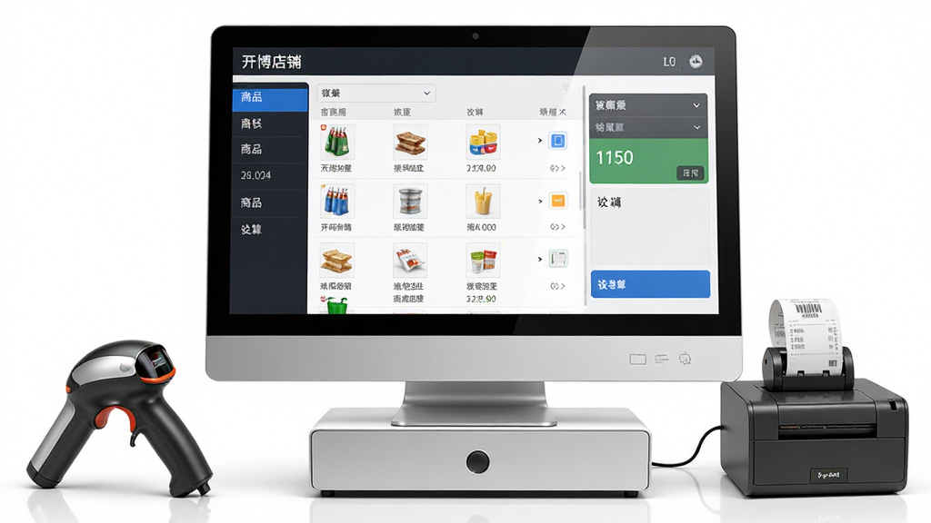 开博店铺收银系统软件主界面展示,主体为一台收银电脑屏幕,屏幕上显示商品列表与结算面板,布局为居中横向构图,排版左侧为商品分类栏右侧为收银操作区,风格为简洁商务写实风,细节包含扫码枪、小票打印机、钱箱等外设,画面干净整洁无多余元素,高清画质