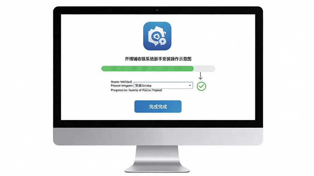 开博店铺收银系统新手安装操作示意图,主体为电脑屏幕上显示安装进度条与完成提示,布局为居中构图,排版上方为软件图标下方为安装按钮,风格为简洁教程风,细节包含安装路径选择框、完成按钮、软件名称文字,画面干净无多余元素,高清画质
