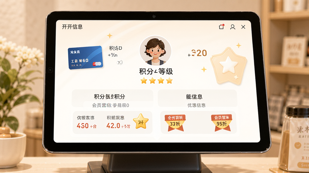 开博店铺收银系统会员营销与积分功能展示,主体为收银屏幕上的会员信息与积分面板,布局为居中构图,排版上方为会员头像与等级下方为积分与优惠信息,风格为温馨商业风,细节包含会员卡、积分星星、折扣标签,画面干净整洁,高清画质