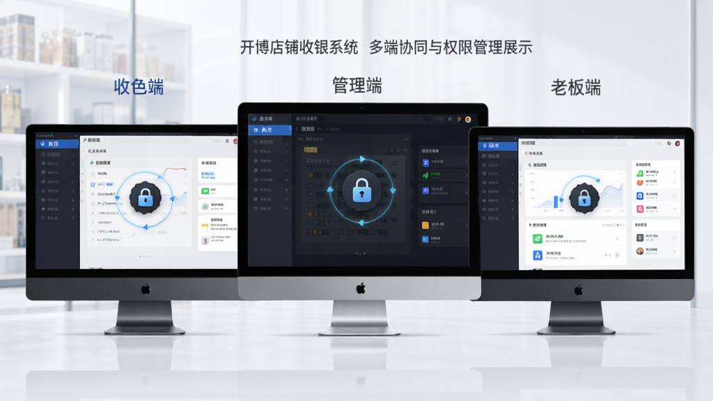 开博店铺收银系统多端协同与权限管理展示,主体为多台设备屏幕并列展示不同角色界面,布局为横向对比构图,排版左侧收银端中间管理端右侧老板端,风格为科技商务风,细节包含权限锁图标、角色标签、数据同步箭头,画面干净有序,高清画质