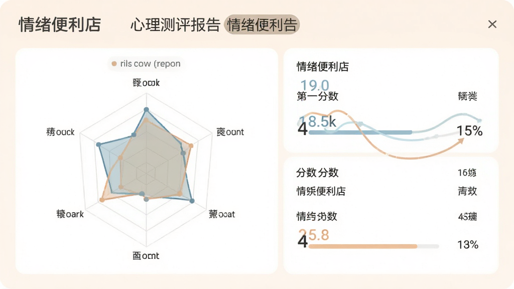 情绪便利店 心理测评报告界面 展示雷达图与分数 布局清晰 风格专业温和 细节数据可视化 画质高清 干净无多余元素