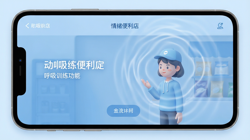 情绪便利店 呼吸训练功能界面 动态引导动画 蓝色调舒缓风格 布局极简 细节波纹扩散效果 画质高清 干净无多余元素