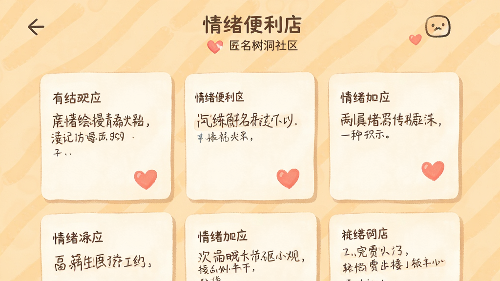情绪便利店 匿名树洞社区界面 暖色调 卡片式留言布局 风格温馨治愈 细节爱心点赞图标 画质高清 干净无多余元素
