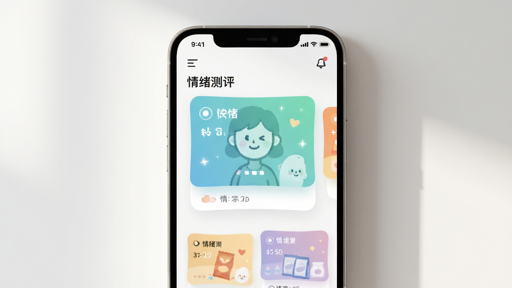 情绪便利店 软件主界面 简洁清新风格 展示情绪测评卡片 布局居中 手机样机展示 细节柔和光影 画质高清 干净无多余元素