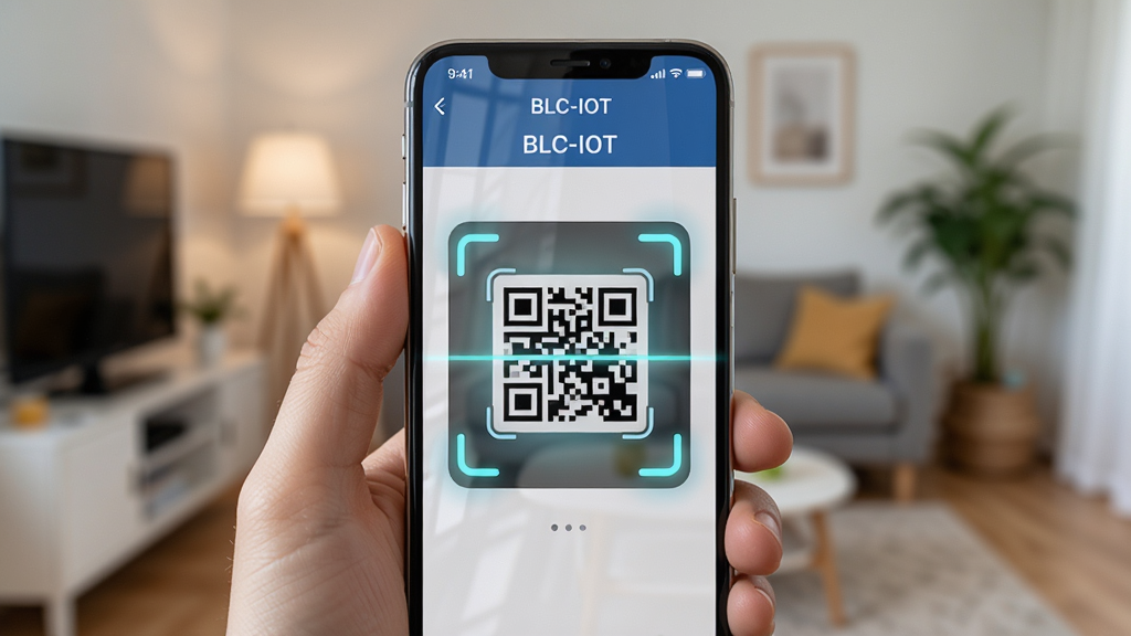 主体是一只手拿着手机,手机屏幕上显示“BLC-IOT”的设备添加界面,界面中有二维码扫描框;布局为手机屏幕占据画面中心,背景虚化显示家庭环境;排版突出手机屏幕内容;风格为生活化写实风格;细节上手机屏幕有轻微反光,扫描框四角有闪烁提示;画质高清,画面干净,无多余元素。