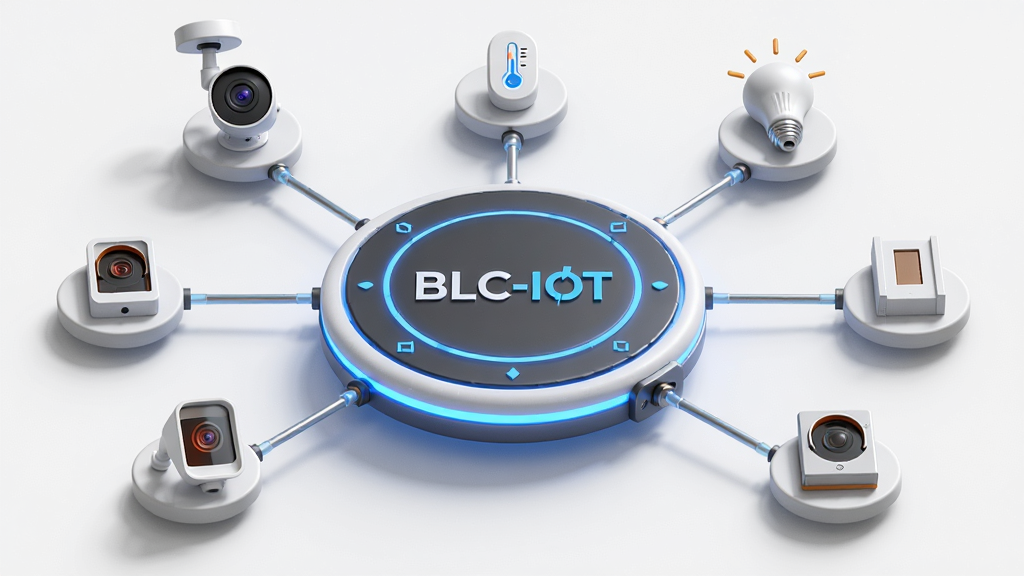 主体是一个悬浮在空中的圆形控制面板,面板中央显示“BLC-IOT”标志;布局为面板周围均匀分布着摄像头、温湿度传感器、智能灯泡、门磁等设备图标,每个图标下方有一条数据线连接至面板;排版呈放射状,视觉重心明确;风格为轻科技感3D渲染;细节上设备图标带有轻微投影,面板边缘有蓝色光晕;画质高清,背景干净,无多余元素。