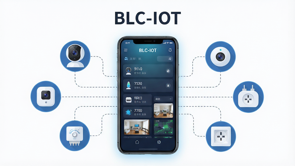 主体是一部智能手机,屏幕上显示“BLC-IOT”应用界面,界面中包含设备列表与监控画面缩略图;布局为手机居中,周围环绕着智能摄像头、传感器、智能插座等物联网设备图标,以虚线连接手机;排版简洁清晰,上方留白处写有“BLC-IOT”字样;风格为现代科技感扁平化设计;细节上手机屏幕带有微光效果,设备图标线条流畅;画质高清,画面干净,无多余元素。