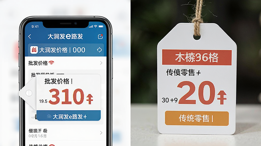 一张展示价格对比的图片,左侧是“大润发e路发”手机界面显示批发价格标签,右侧是传统零售价格标签,主体是手机与价格牌,布局左右对比,风格简洁商务,细节包括数字和标签,画质清晰,干净,无多余元素