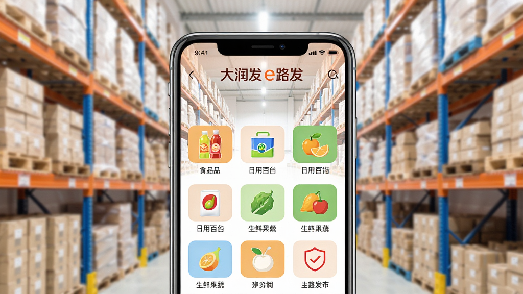 一张展示手机屏幕的图片,屏幕中央是大润发e路发APP的首页界面,顶部有“大润发e路发”文字标识,页面中排列着食品饮料、日用百货、生鲜果蔬等商品分类图标,背景是干净明亮的仓库货架场景,主体是手机,布局居中,风格现代简约,细节丰富,画质清晰,干净,无多余元素