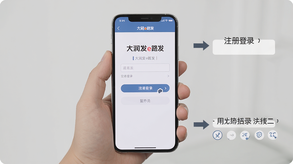 一张展示手机操作步骤的图片,画面中一只手拿着手机,屏幕上显示“大润发e路发”的注册登录页面,旁边有箭头标注操作流程,主体是手机与手,布局居中,风格教程图解,细节包括按钮和输入框,画质清晰,干净,无多余元素