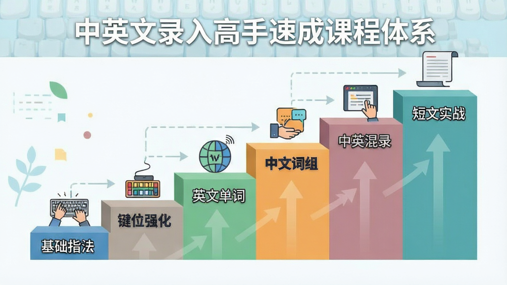 一张展示中英文录入高手速成课程体系的图片,画面中呈现阶梯式上升的课程模块,每个台阶上标注“基础指法”“键位强化”“英文单词”“中文词组”“中英混录”“短文实战”等字样,整体风格为扁平化信息图,配色清新,布局整齐,画质干净,无多余装饰元素