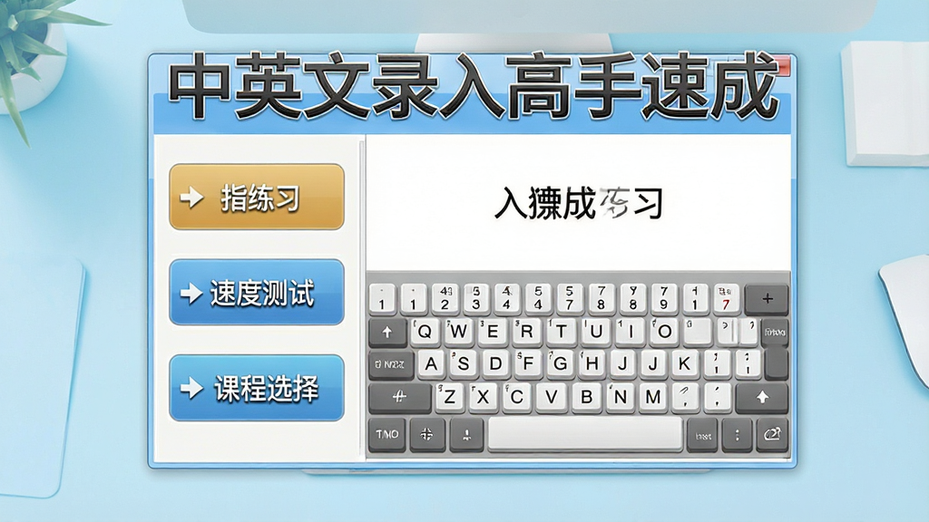 一张展示中英文录入高手速成软件主界面的图片,画面中央是软件窗口,窗口上方有“中英文录入高手速成”字样,左侧显示指法练习、速度测试、课程选择等功能按钮,右侧是打字练习区域,键盘布局图清晰可见,背景为干净的浅蓝色桌面环境,整体风格简洁明快,画质清晰,无多余元素