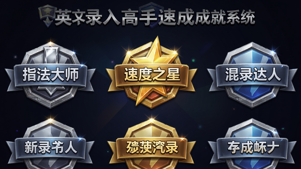 一张展示中英文录入高手速成成就系统的图片,画面中显示多个成就徽章图标,徽章上分别写有“指法大师”“速度之星”“混录达人”等字样,背景为深色渐变,徽章带有金属光泽,整体风格游戏化,画质精致,无多余元素