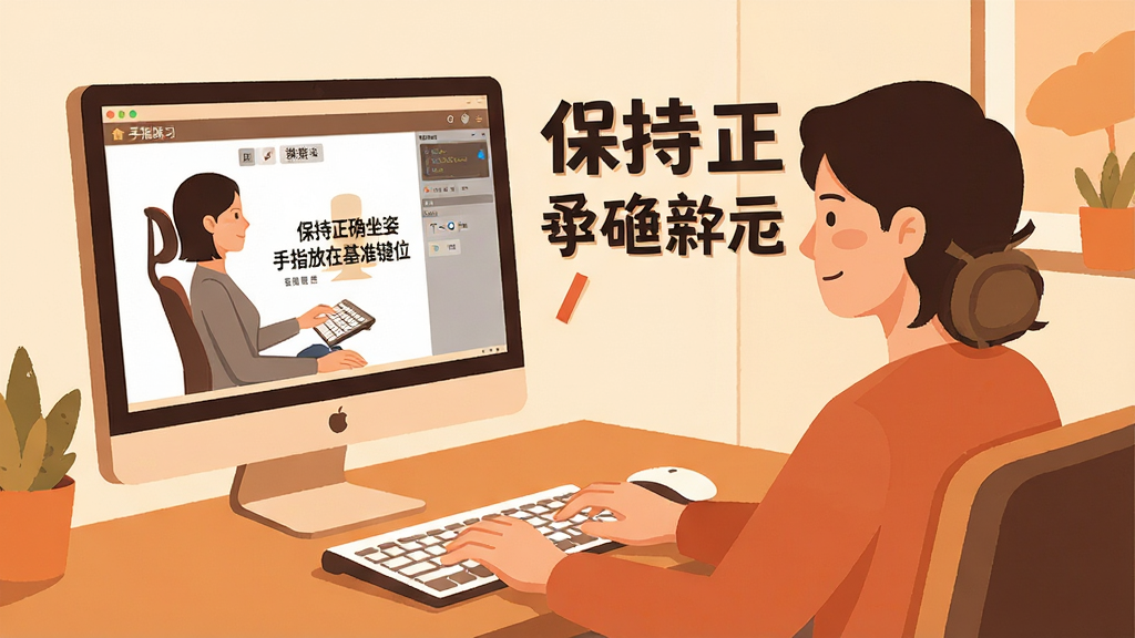 一张展示中英文录入高手速成新手练习场景的图片,画面中一位用户坐在电脑前,屏幕上显示软件练习界面,旁边有醒目的提示文字“保持正确坐姿”“手指放在基准键位”,整体风格为扁平插画,配色温暖,画质清晰,无多余元素