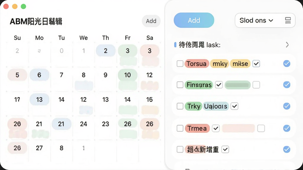主体为ABM阳光日历的待办事项编辑窗口,布局为左侧日历右侧任务列表,排版包含添加按钮与时间选择器,风格为柔和圆角,细节包含彩色任务标签与勾选框,画质高清,干净,无多余元素