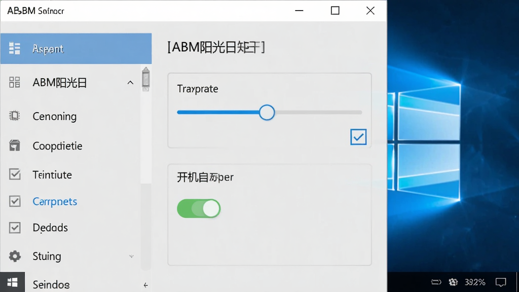 主体为ABM阳光日历在Windows电脑上的设置面板,布局为左侧导航右侧选项,排版包含透明度滑块与开机自启开关,风格为浅灰质感,细节包含清晰的文字标签与勾选框,画质高清,干净,无多余元素