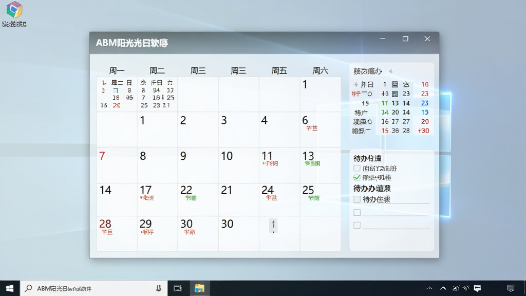 主体为ABM阳光日历软件在Windows电脑桌面上的运行界面,布局为居中显示日历窗口,排版包含月份视图、农历信息与待办列表,风格为简约商务,细节包含清晰的日期数字、节日标注与半透明背景,画质高清,干净,无多余元素