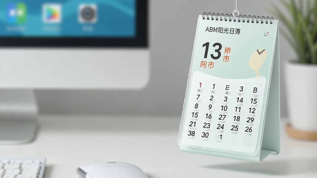 主体为ABM阳光日历悬浮在桌面右侧,布局为竖向排列的日历面板,排版包含大号日期数字与农历小字,风格为清新浅色,细节包含半透明磨砂效果与桌面图标背景,画质清晰,干净,无多余元素