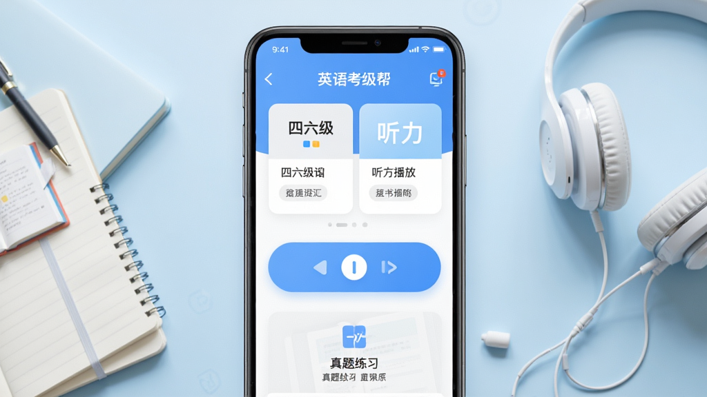 英语考级帮手机APP界面展示,主体是一部竖屏智能手机,屏幕中呈现英语考级帮首页,包含四六级词汇卡片、听力播放按钮和真题练习入口,布局为手机居中,背景为浅蓝色渐变书桌场景,排版简洁,风格清新教育科技感,细节有笔记本与耳机点缀,画质高清,干净,无多余元素