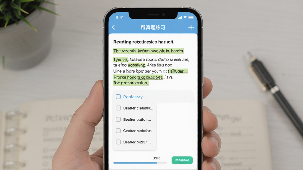 英语考级帮真题练习界面,主体为手机屏幕显示英语阅读理解题目和答题卡,布局为上下结构,上方题目下方选项,风格扁平化学习工具界面,细节有高亮标注和进度条,画质清晰,干净,无多余元素