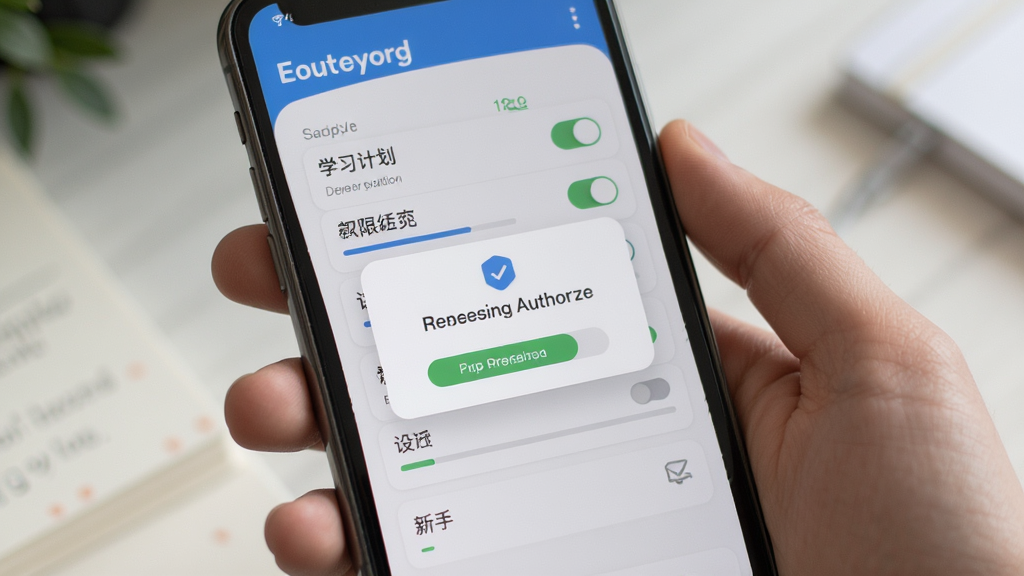英语考级帮新手设置界面,主体为手机屏幕显示学习计划设定和权限授权弹窗,布局为纵向列表,风格友好引导式设计,细节有开关按钮和进度提示,画质高清,干净,无多余元素