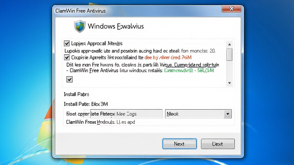 ClamWin Free Antivirus在Windows系统上的安装向导界面,主体为安装对话框窗口,布局为居中显示,排版为典型安装步骤布局,风格为Windows经典安装界面写实风,细节包含下一步按钮、许可协议勾选框、安装路径选择框,画质清晰,干净无多余元素