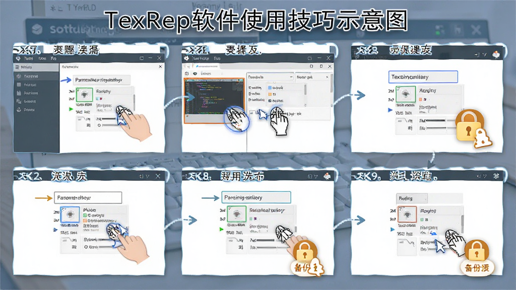 TexRep软件使用技巧示意图,主体为软件操作界面与步骤标注,布局为分步截图排列,排版清晰,风格为教程图解风,细节包括鼠标点击位置、参数调节箭头、备份提示图标,画质高清,干净,无多余元素