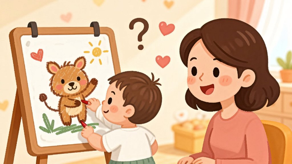 宝宝画妈妈猜亲子互动场景,画面中宝宝在左侧画板上画了一只小动物,妈妈在右侧面带微笑猜答案,中间有问号和爱心飘浮,背景是柔和的暖色调房间,卡通风格,画面温馨有爱,高清画质,干净无多余元素