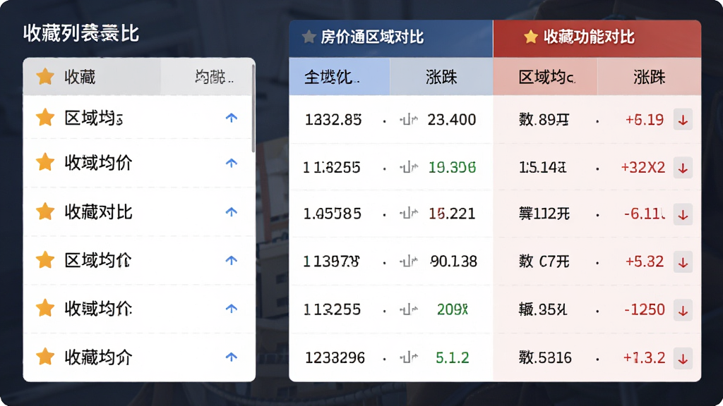 房价通区域对比与收藏功能展示图,画面左侧是收藏列表,右侧是双列对比表格,表格中显示不同区域的均价和涨跌,布局分栏清晰,排版规整,风格清爽,细节包含星标收藏图标和对比箭头,画质高清,干净,无多余元素