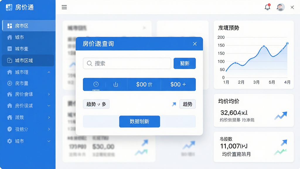 房价通软件主界面全貌展示,画面中央是简洁的房价查询窗口,左侧为城市区域导航栏,右侧显示折线图和均价数据卡片,整体采用蓝白配色,布局清晰,排版整齐,风格现代简约,细节包含搜索框、数据刷新按钮和趋势箭头,画质高清,干净,无多余元素