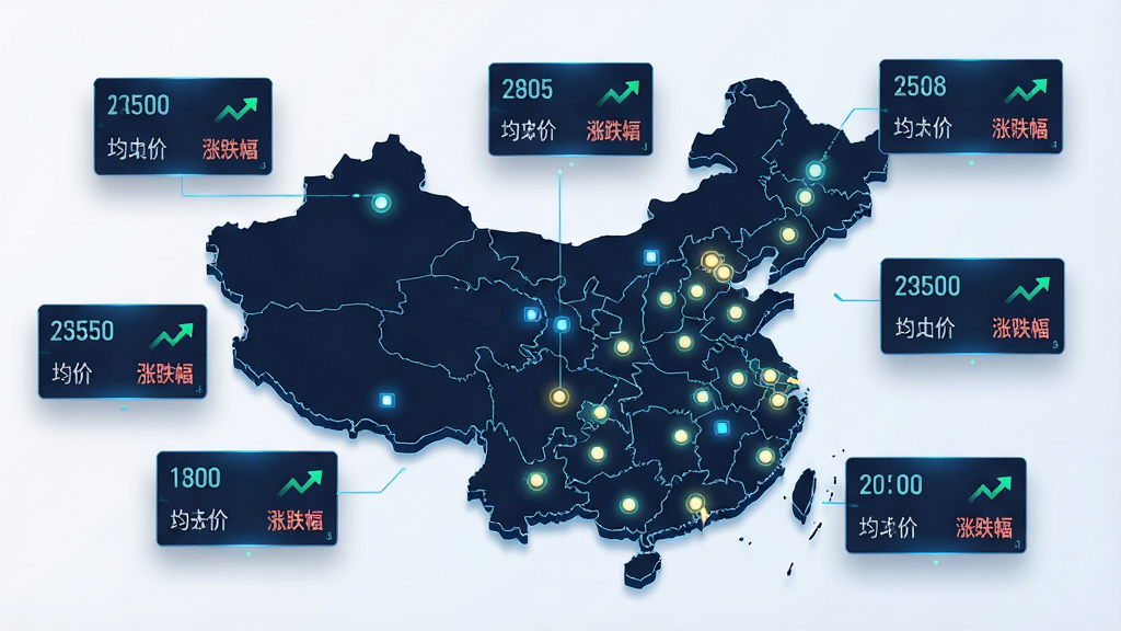 房价通全国房价数据覆盖功能展示图,画面主体为中国地图轮廓,地图上分布着多个城市光点,每个光点连接一个数据卡片显示均价和涨跌幅,布局采用中心地图加四周悬浮卡片的方式,排版错落有致,风格科技感,细节包含数字跳动和趋势小箭头,画质高清,干净,无多余元素
