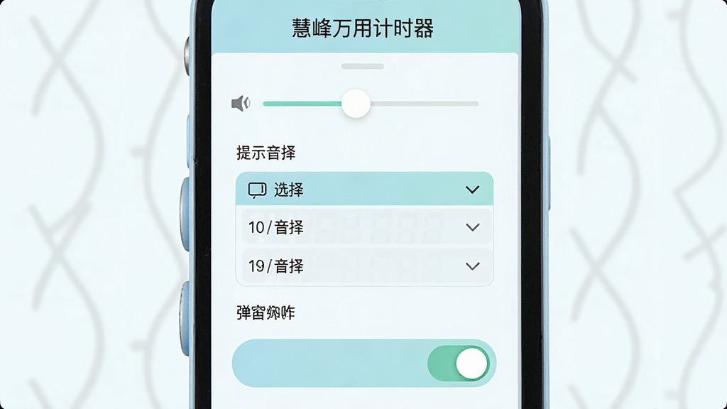 一张设置界面示意图,主体为慧峰万用计时器的提醒设置面板,布局包含音量滑块、提示音选择列表、弹窗开关,排版纵向排列,风格为清新浅色系,细节上界面中显示“慧峰万用计时器”字样,画质高清,干净,无多余元素