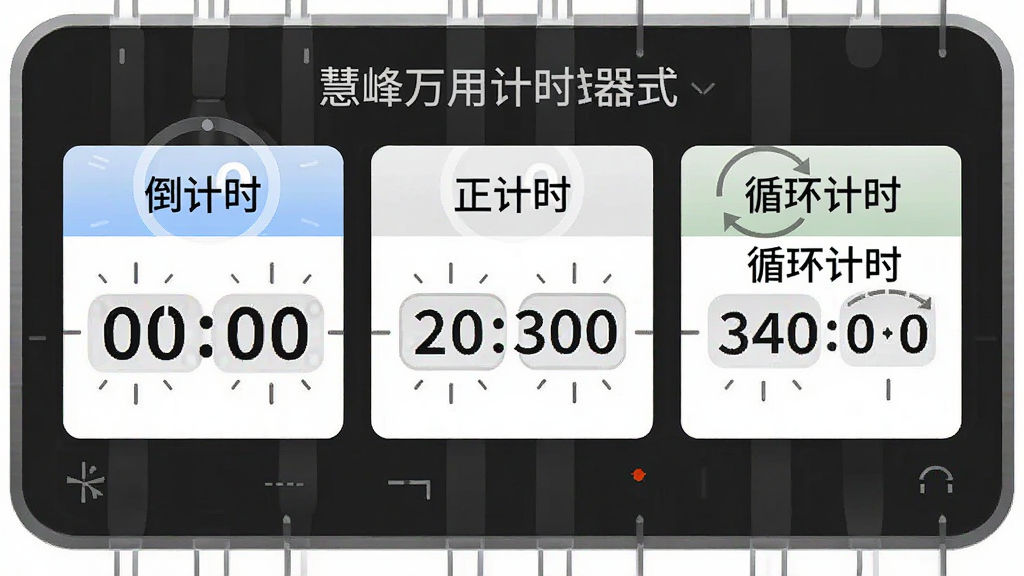 一张功能展示图,主体为慧峰万用计时器三种计时模式的切换面板,布局为横向三个并列卡片,排版整齐,风格为扁平化设计,细节上每个卡片分别标注“倒计时”“正计时”“循环计时”文字,画质清晰,干净,无多余元素
