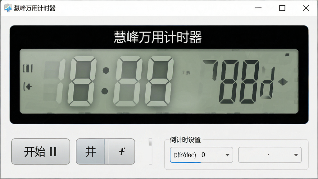 一张简洁的软件界面截图,主体为慧峰万用计时器主窗口,布局包含数字显示屏、开始暂停按钮、倒计时设置区域,排版居中清晰,风格为现代简约科技风,细节上屏幕显示“慧峰万用计时器”字样,画质高清,干净,无多余元素