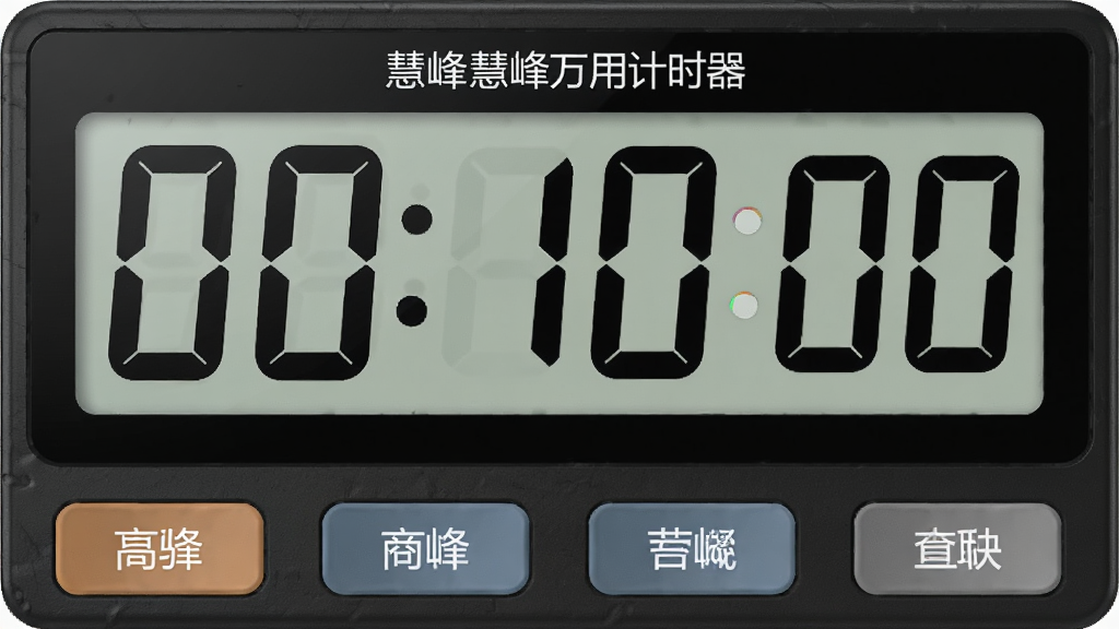 一张软件主界面特写图,主体为慧峰万用计时器的大字号数字显示区域和操作按钮,布局为居中大数字搭配下方功能键,排版清晰醒目,风格为简约商务风,细节上数字显示为“00:10:00”,画质高清,干净,无多余元素