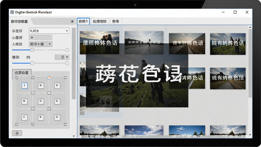 数码照片批量处理软件水印添加功能演示界面,主体为电脑屏幕中软件窗口展示批量照片叠加文字水印效果,布局左侧为水印参数设置面板、右侧为多张照片预览,排版规整,风格为真实软件操作截图,细节包含水印文字内容、透明度滑块和位置九宫格选择器,画质高清、干净、无多余元素