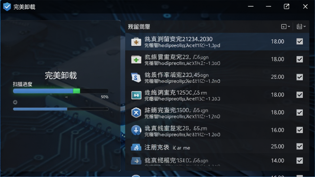 软件扫描界面,画面中“完美卸载”正在扫描磁盘,左侧显示扫描进度,右侧列出残留文件与注册表项,背景为深色科技风格,细节包括文件路径、大小、勾选框,画质高清,干净,无多余元素